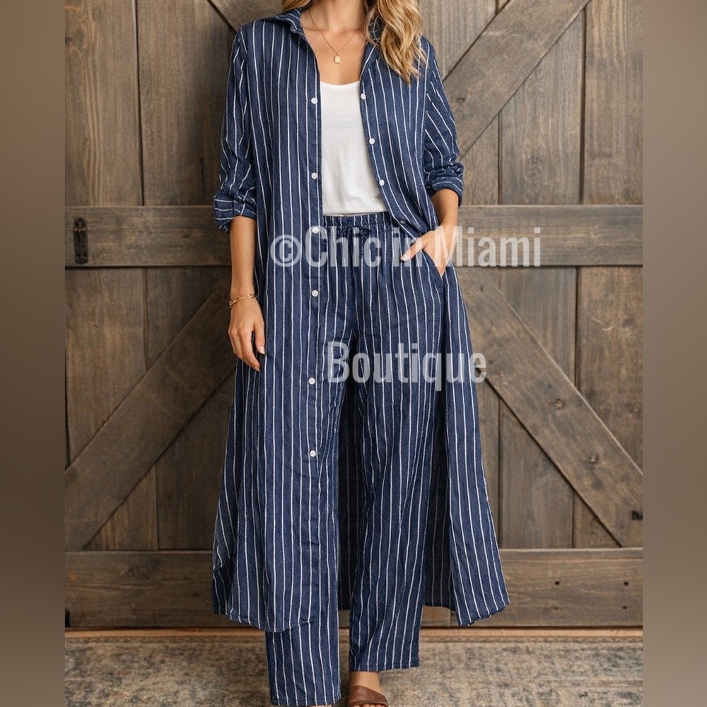 Puro Lino 100% Italian Linen Pinstripe Maxi Dress and Drawstring Pants Set OS